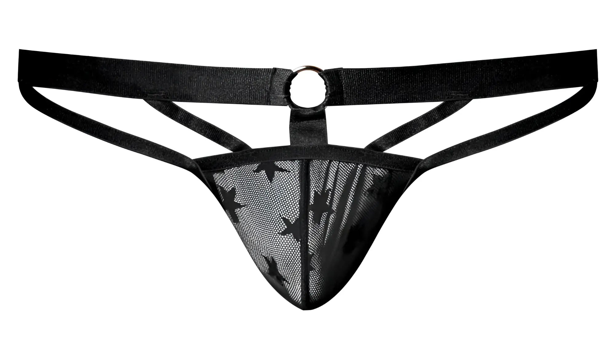 Black male power love star thong made of mesh with star pattern and central metal ring