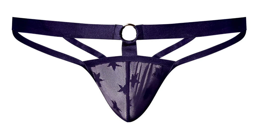 Dark purple mesh male power 416-291 love star thong with star pattern and circular metal ring at the back view
