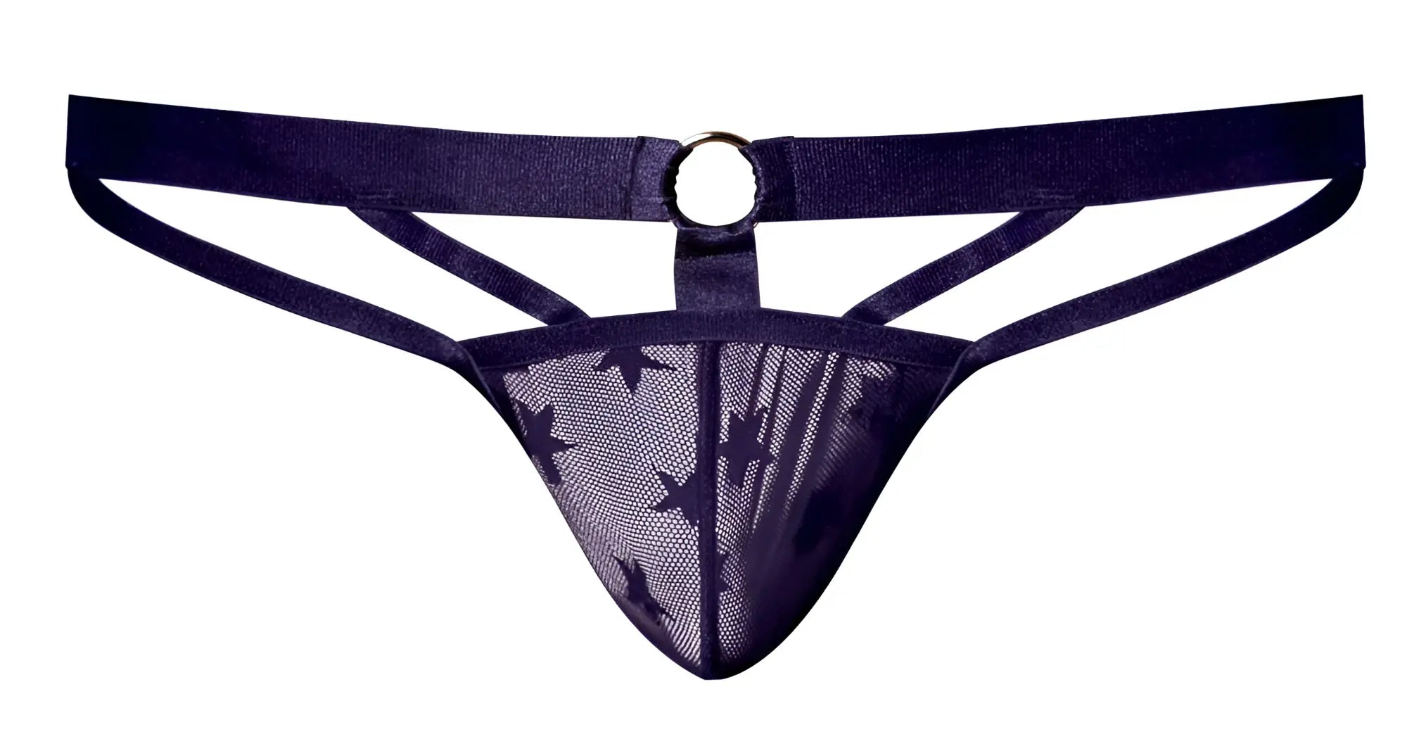 Dark purple mesh male power 416-291 love star thong with star pattern and circular metal ring at the back view