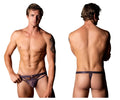 Male power 416-291 love star thong in purple with star pattern, central metallic ring, and side straps
