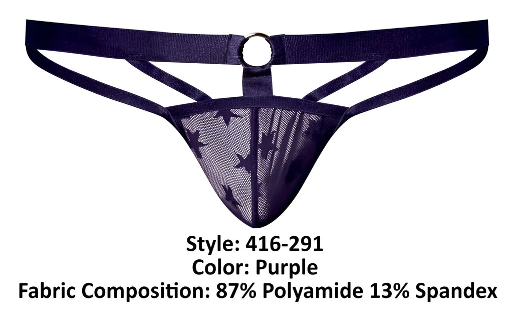 Male power 416-291 love star thong in purple with sheer mesh front black star patterns navy waistband and central metal ring