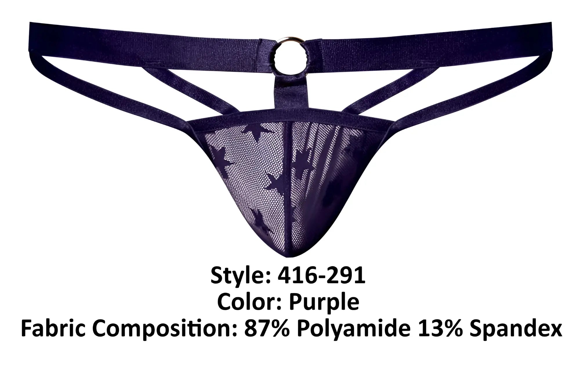 Male power 416-291 love star thong in purple with sheer mesh front black star patterns navy waistband and central metal ring
