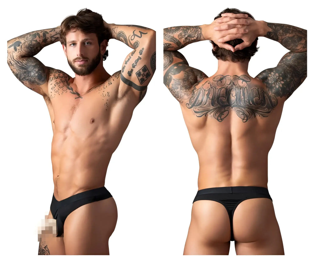 Black male power 417-304 open ended thong featuring an elastic cock ring designed for comfort and support