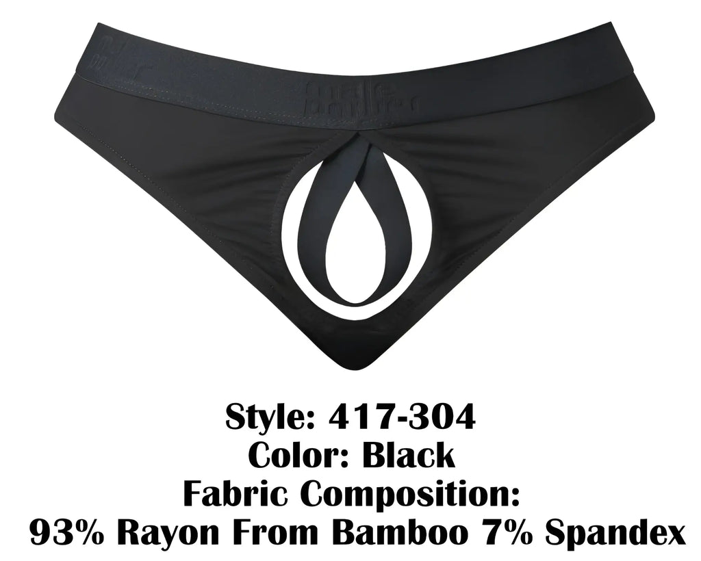 Male Power 417-304 black men’s briefs with white teardrop cutout made of 93% bamboo rayon and 7% spandex front view