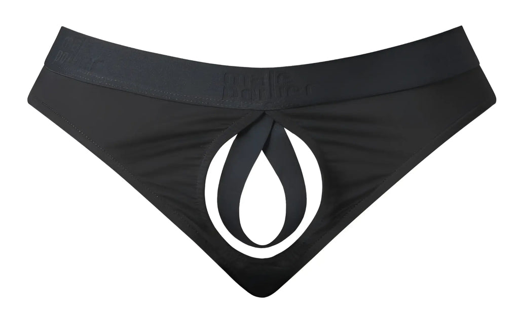 Male power 417-304 black open ended thong briefs with bold white teardrop logo and elastic cock ring front detail