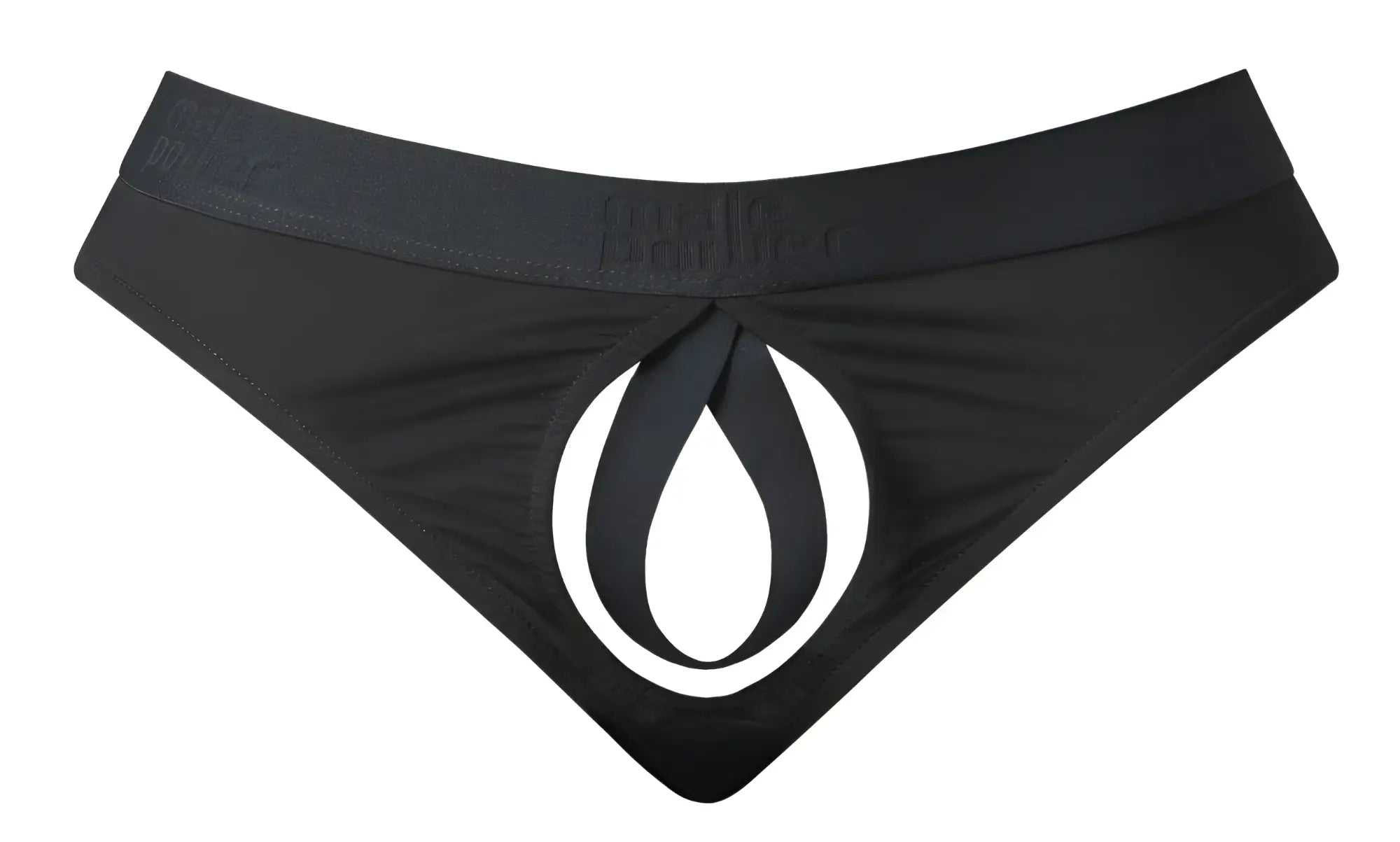 Male power 417-304 black open ended thong briefs with bold white teardrop logo and elastic cock ring front detail