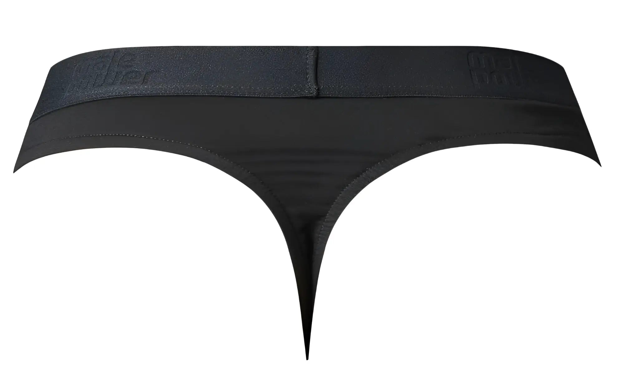 Male Power 417-304 open ended black thong with smooth stretchy fabric and elastic waistband with embossed branding