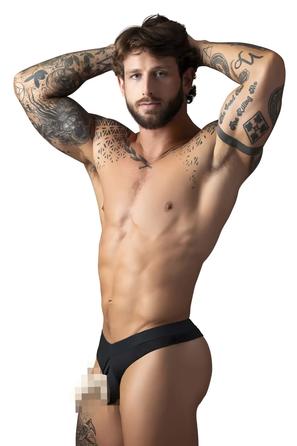 Black male power 417-304 open ended thong with elastic cock ring featuring snug fit and smooth fabric