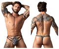 Male power 419-303 gridlocked black and white thong with straps rings and textured woven color printed design