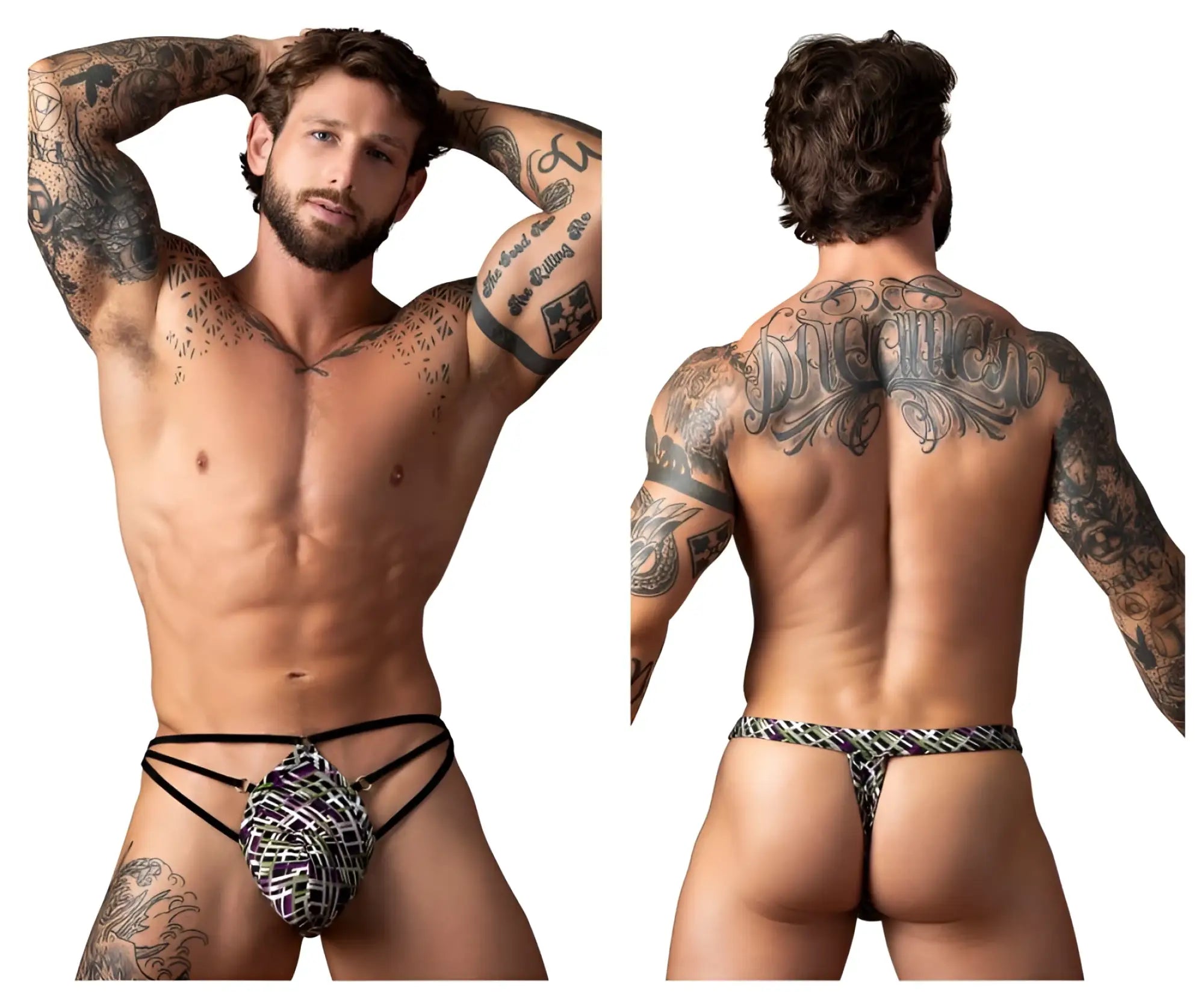 Male power 419-303 gridlocked black and white thong with straps rings and textured woven color printed design