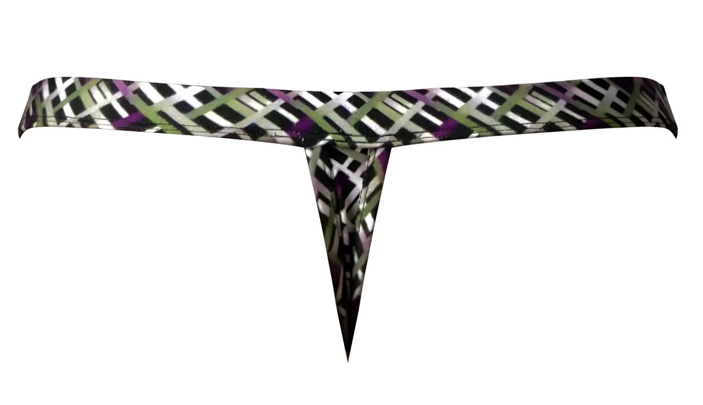 Male power 419-303 gridlocked thong straps-rings color printed geometric patterned black white and purple thong with center cutout