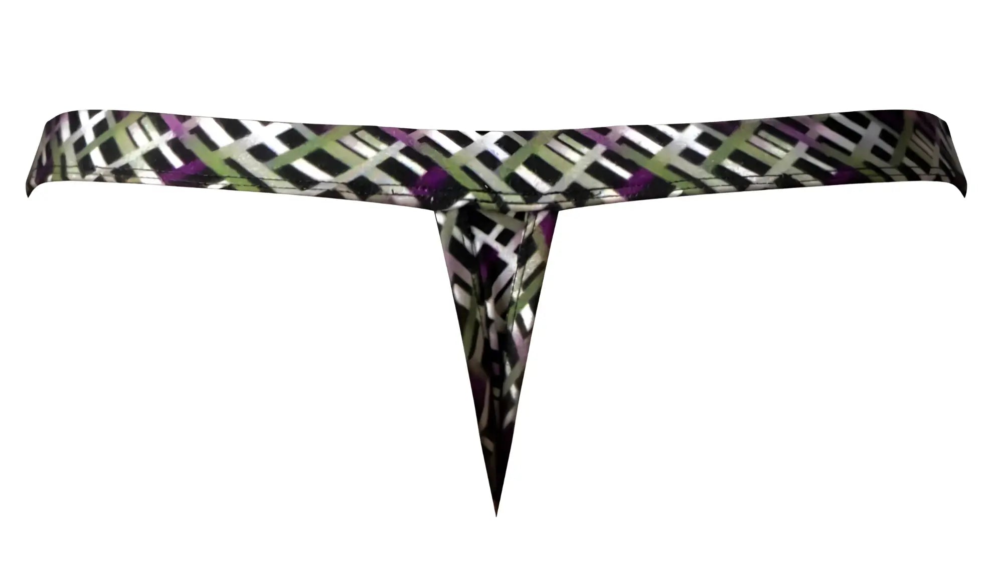 Male power 419-303 gridlocked thong straps-rings color printed geometric patterned black white and purple thong with center cutout