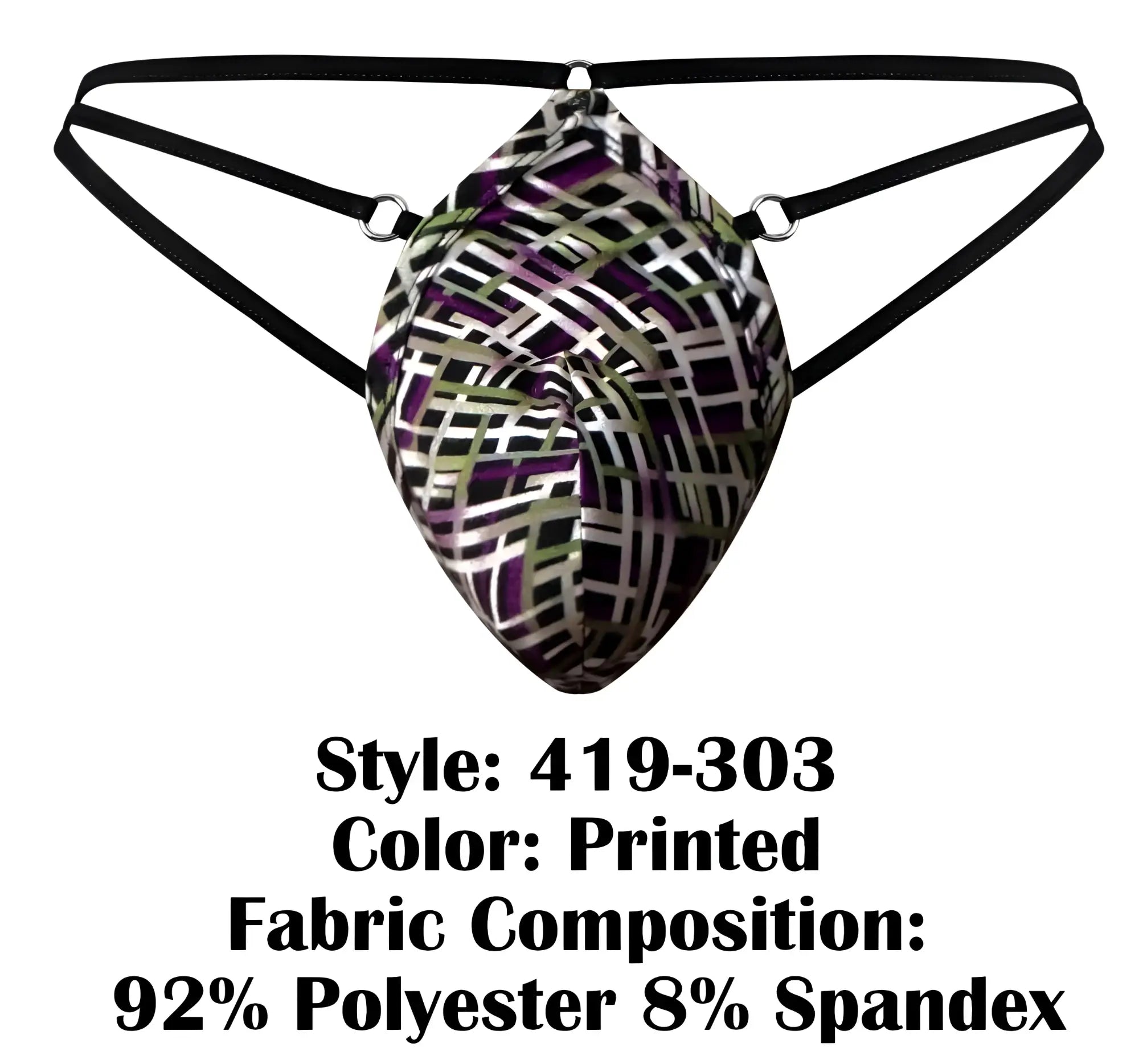 Male power 419-303 gridlocked men’s brief with printed geometric pattern black elastic straps polyester-spandex blend