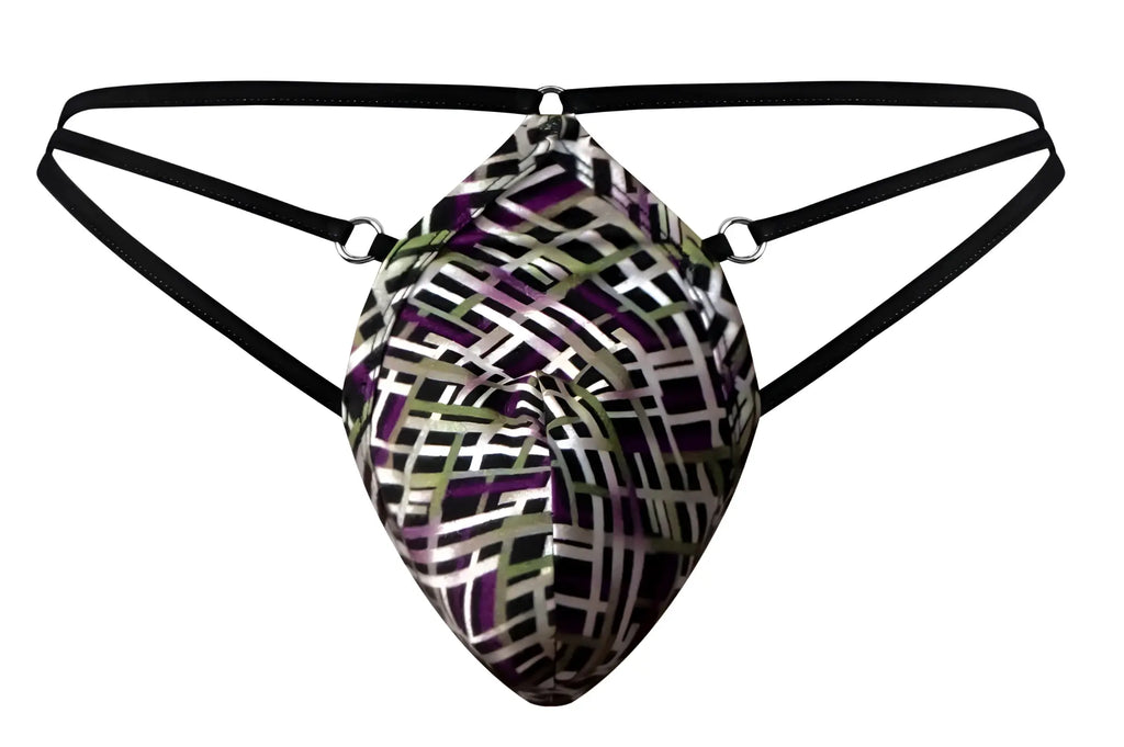 Male power 419-303 gridlocked thong with bold black white purple olive geometric print and thin black elastic straps