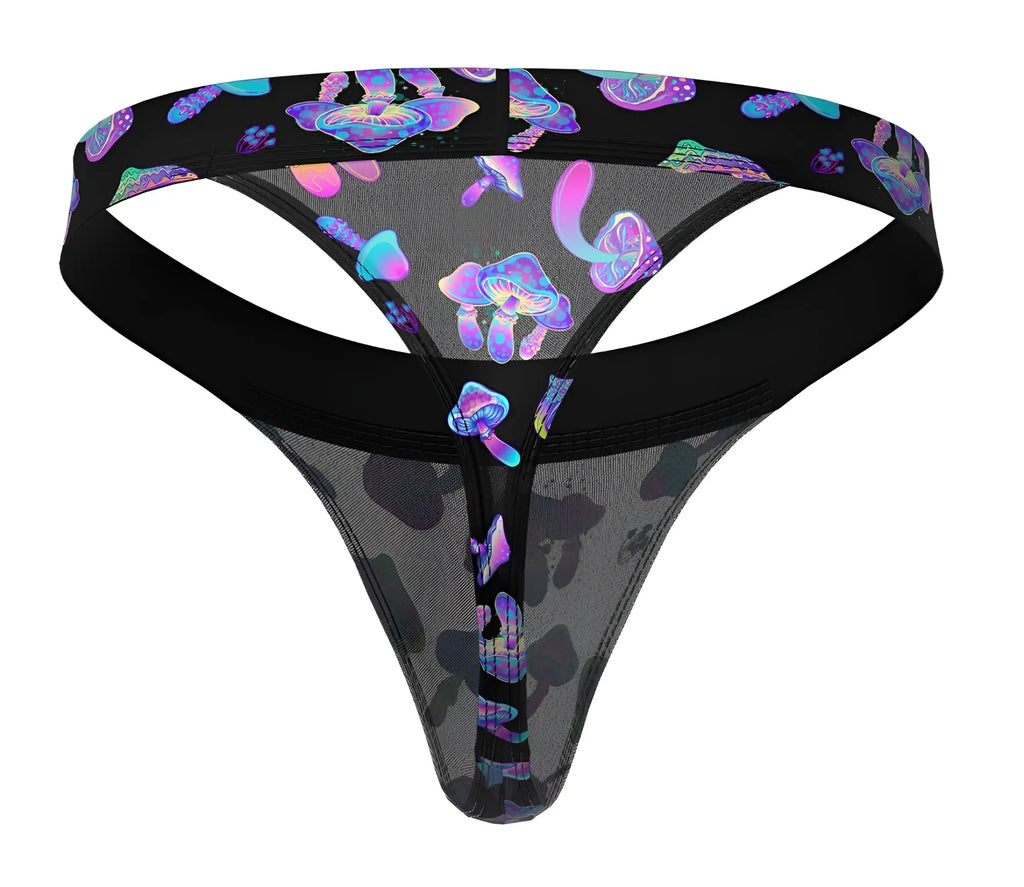 Black male power micro thong with iridescent purple blue mushroom patterns on sheer mesh fabric front view