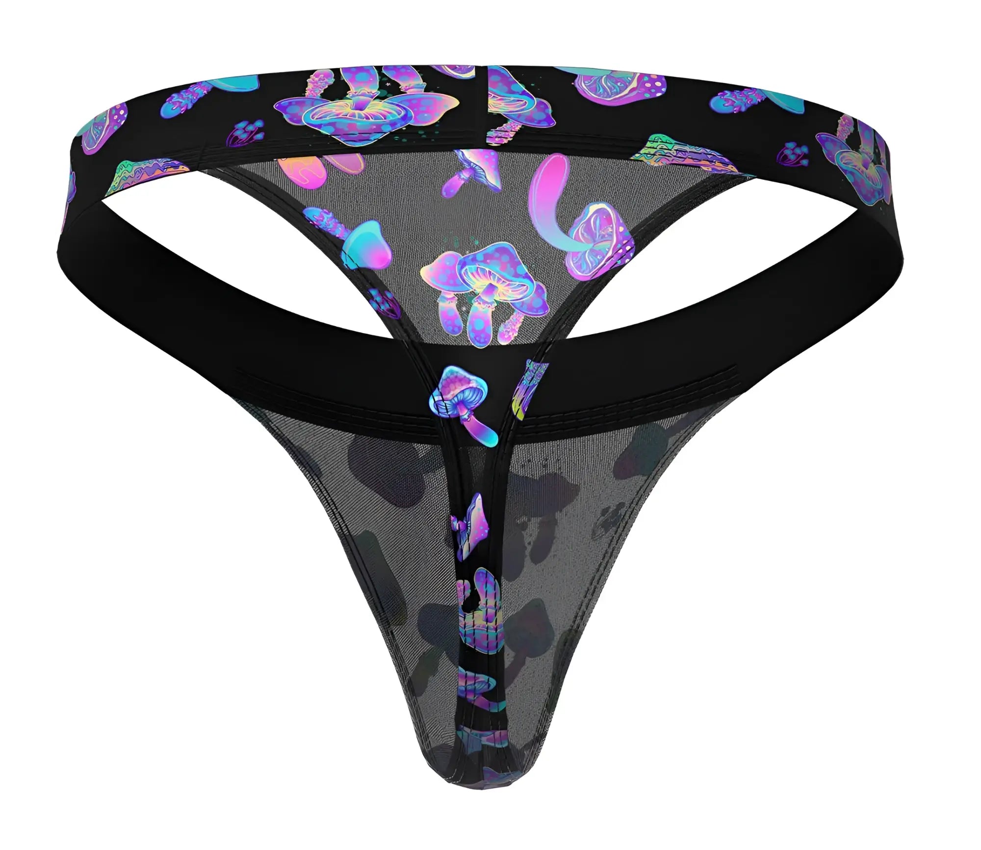 Black male power micro thong with iridescent purple blue mushroom patterns on sheer mesh fabric front view
