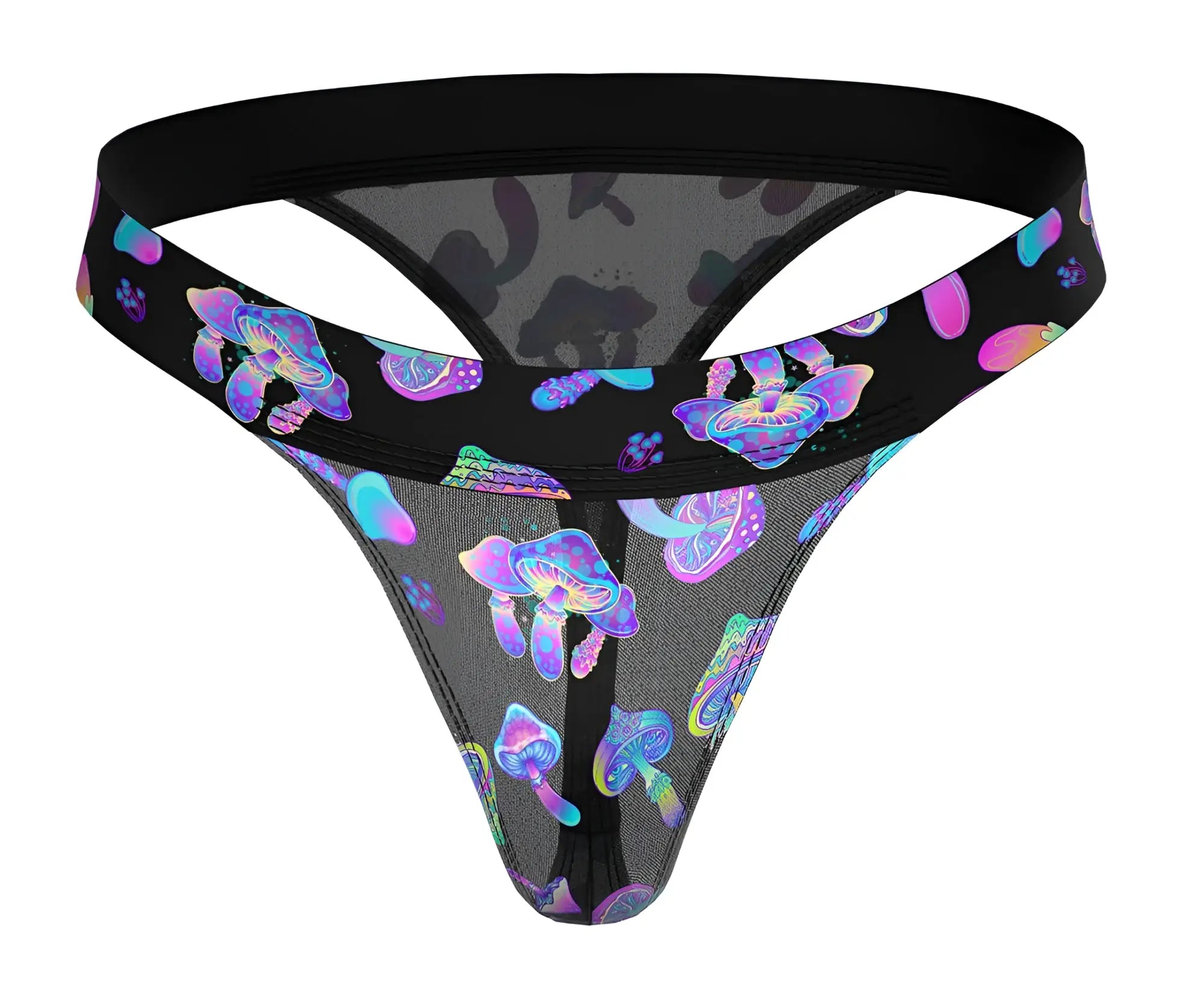 Black mesh thong with vibrant iridescent purple blue and pink mushroom pattern male power 433-294 hazy dayz microfiber