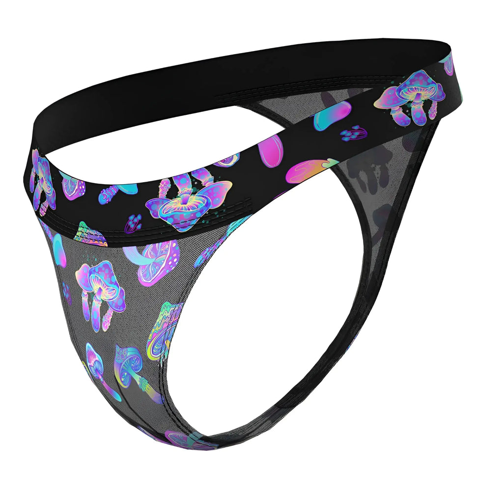 Male power 433-294 hazy dayz micro thong black mesh with vibrant purple pink and blue iridescent mushroom pattern