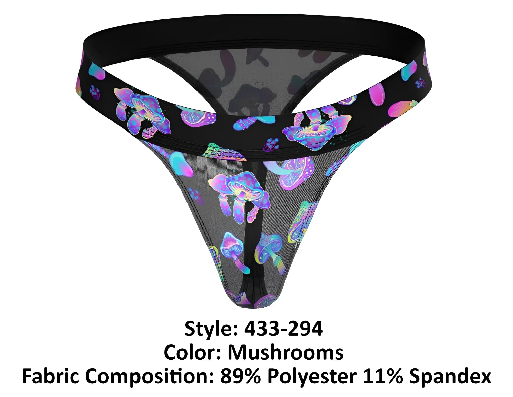 Black mesh thong with vibrant iridescent purple and blue mushroom pattern male power 433-294 hazy dayz micro thong