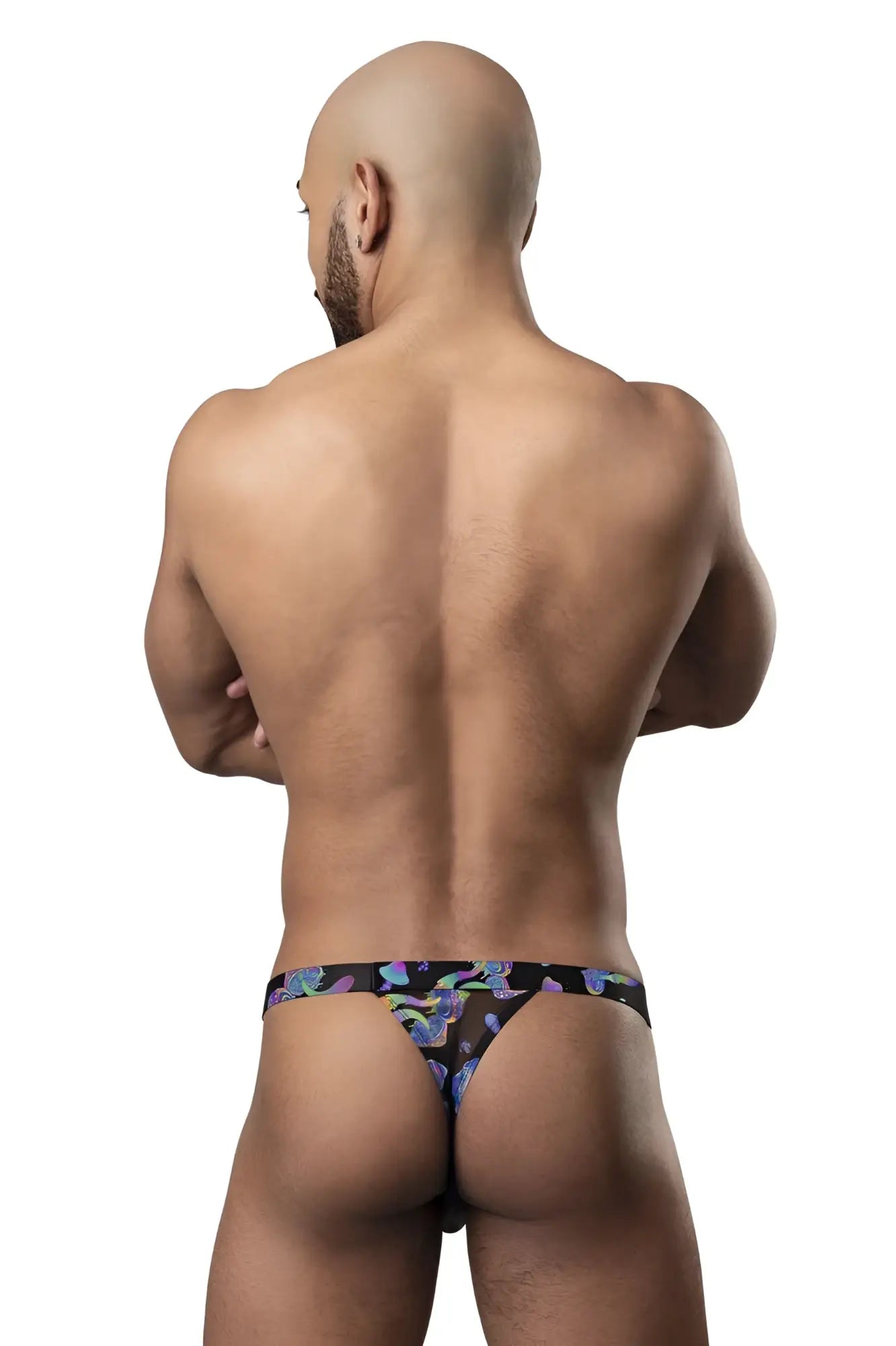 Male power 433-294 hazy dayz micro thong black with multicolored purple and blue abstract pattern front view