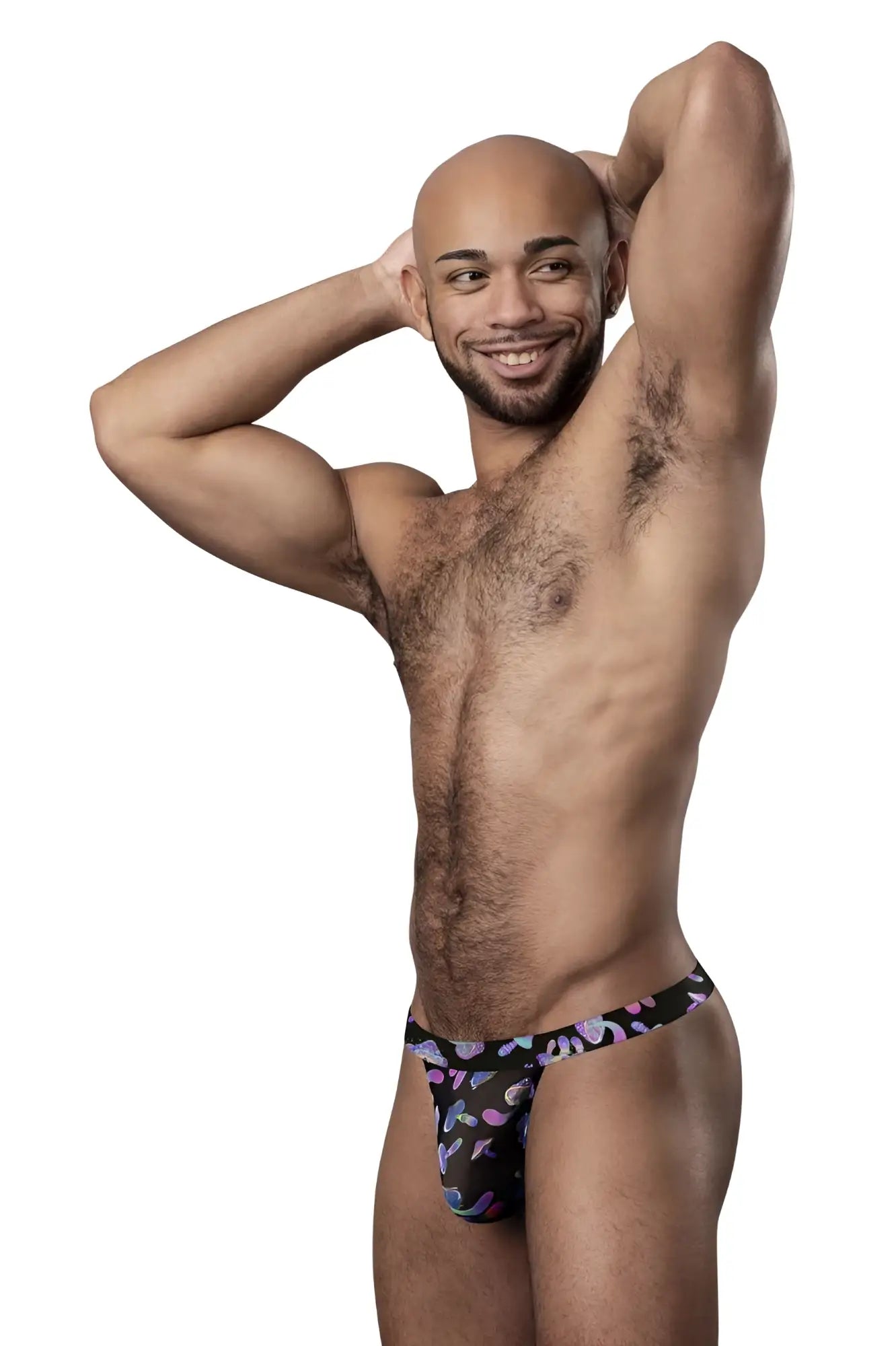 Male power 433-294 hazy dayz micro thong black briefs with vibrant purple pink and blue floral pattern in front view