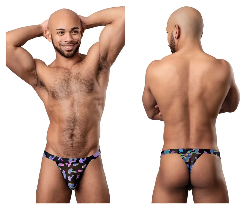 Black male power 433-294 hazy dayz micro thong with vibrant purple blue and pink butterfly pattern