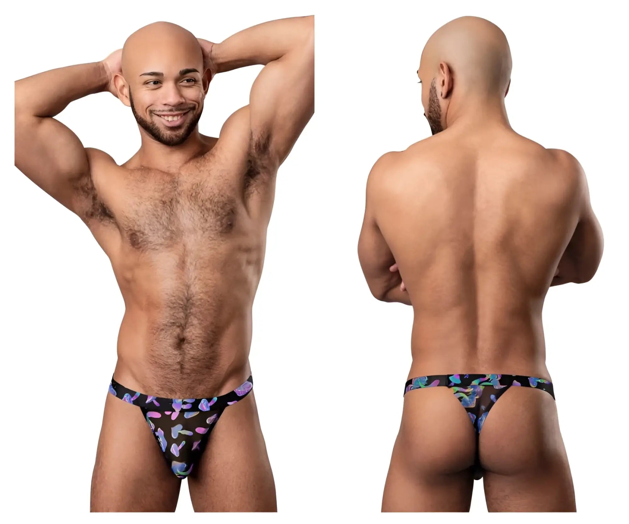Black male power 433-294 hazy dayz micro thong with vibrant purple blue and pink butterfly pattern