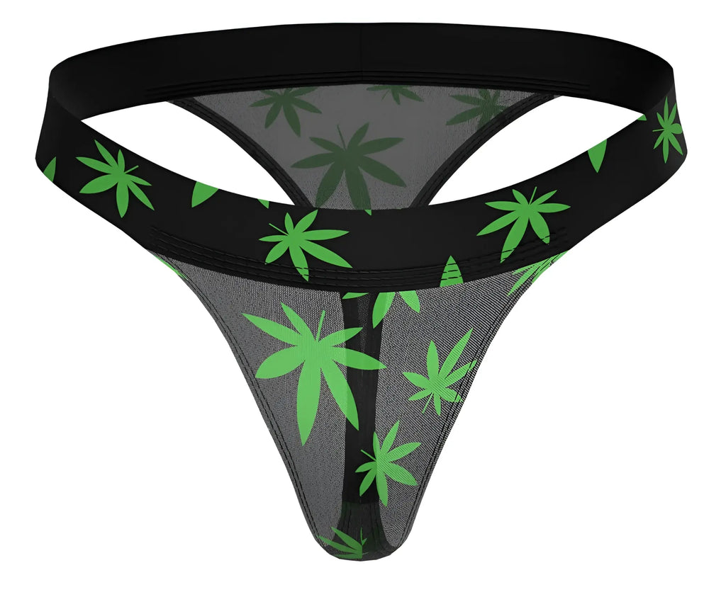 Male power 433-294 hazy dayz micro thong in black with gray mesh and bright green cannabis leaf pattern visible from front