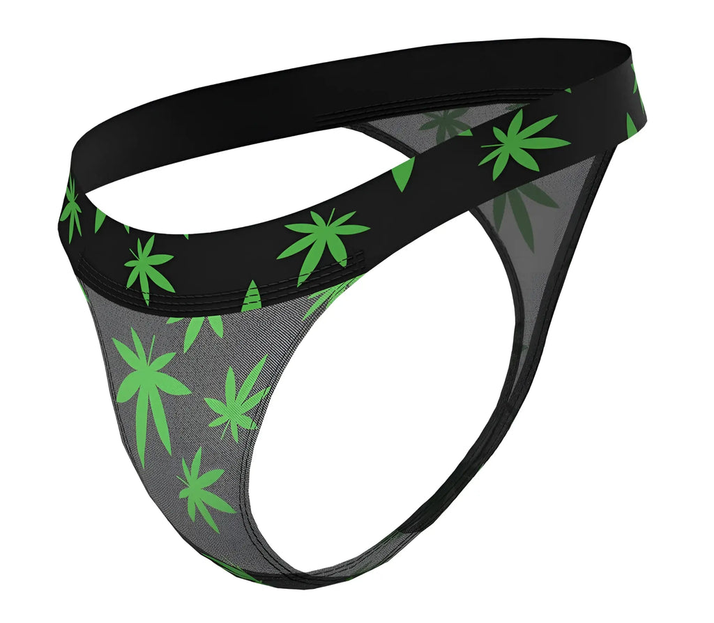 Black and gray mesh micro thong with bold green cannabis leaf pattern by male power seen from the back side