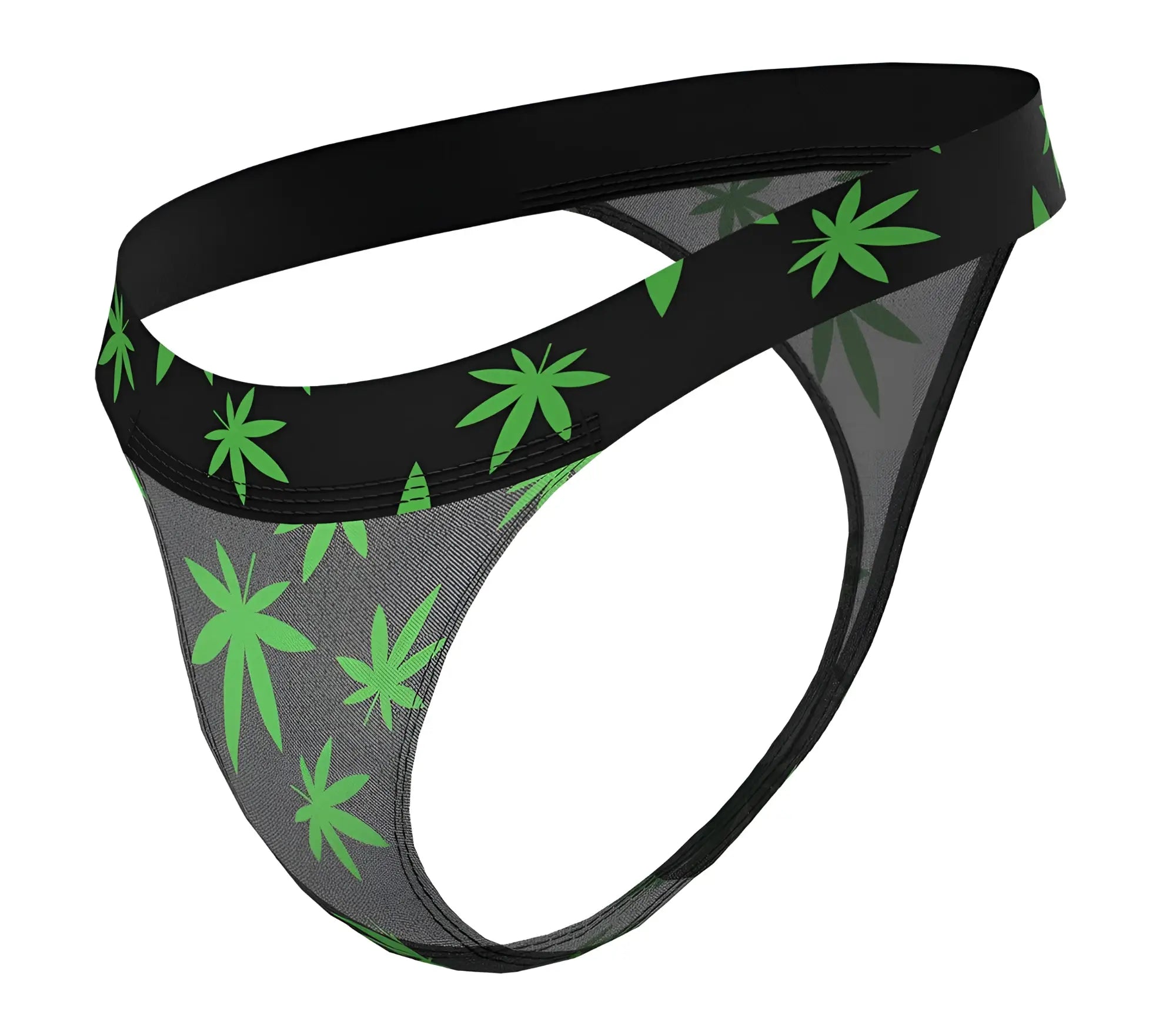 Black and gray mesh micro thong with bold green cannabis leaf pattern by male power seen from the back side