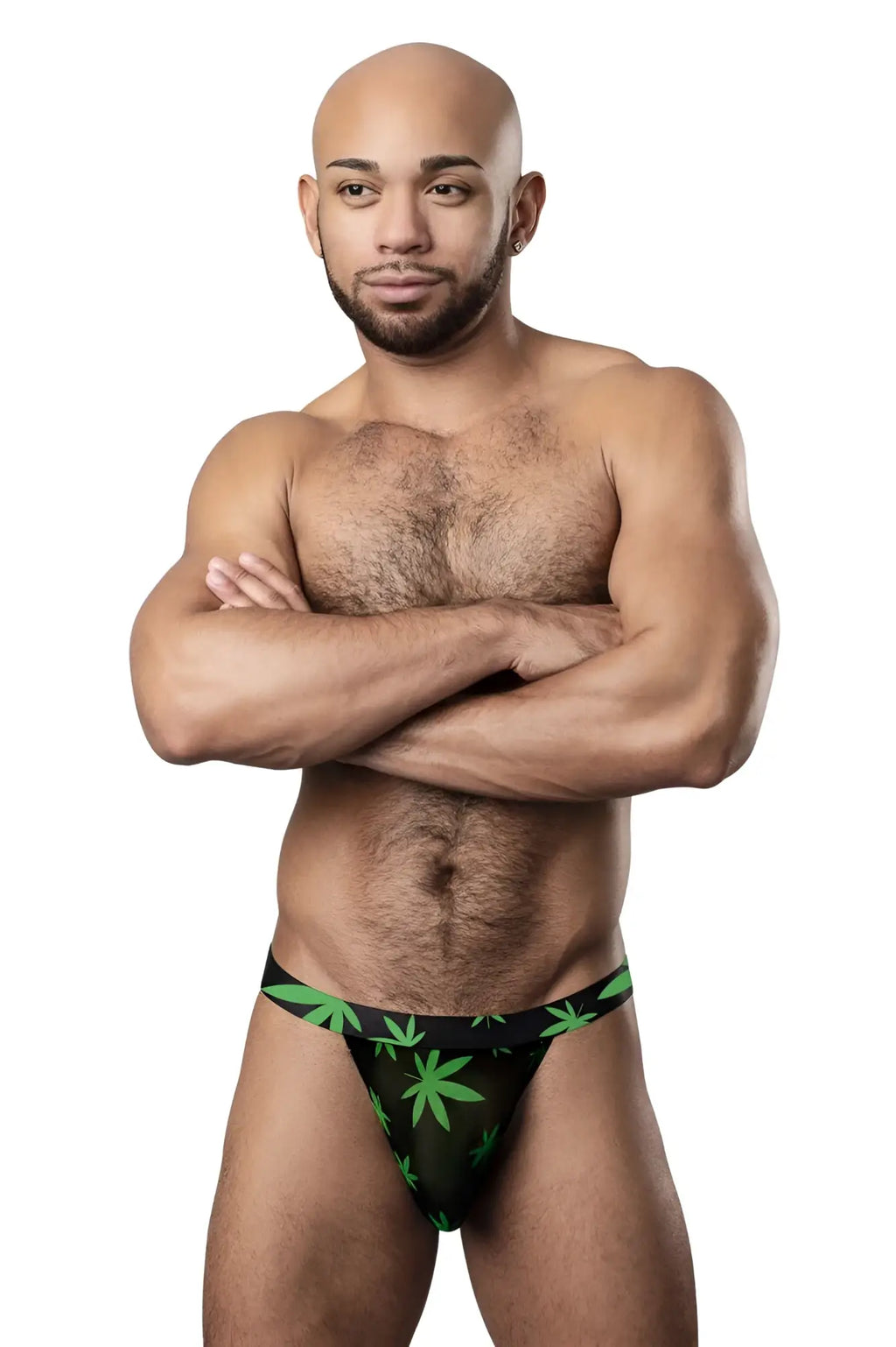 Male power 433-294 hazy dayz micro thong in black with green pot leaf pattern designed for men