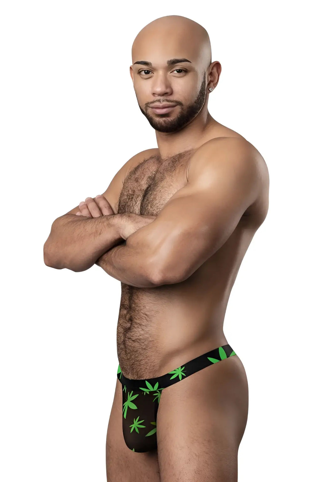 Black male power 433-294 hazy dayz micro thong with green cannabis leaf pattern and pot leaf design