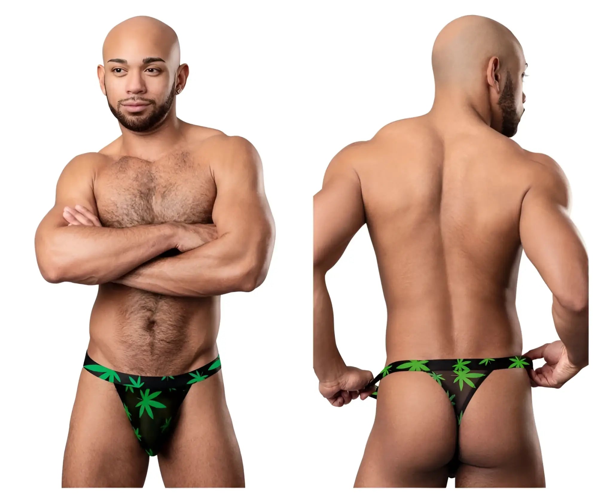 Black male power 433-294 hazy dayz micro thong with green pot leaf pattern for bold stylish wear