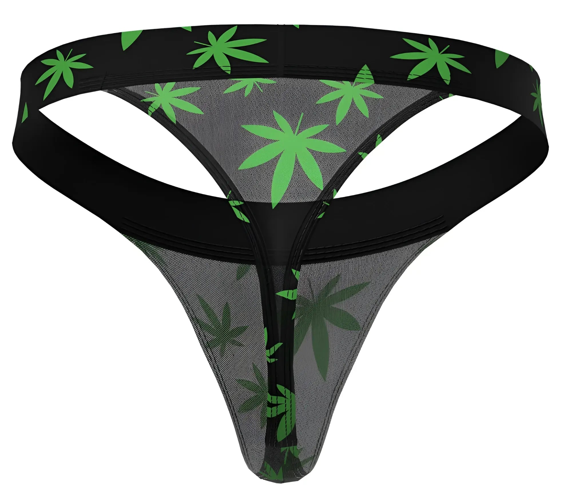 Male power 433-294 hazy dayz black and green pot leaf patterned mesh male thong front view