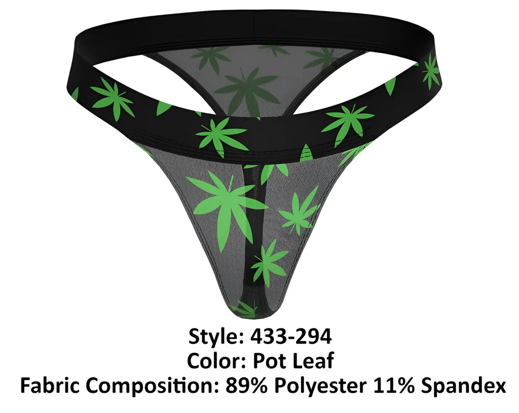 Black thong with sheer gray mesh and green cannabis leaf pattern from male power 433-294 hazy dayz micro thong