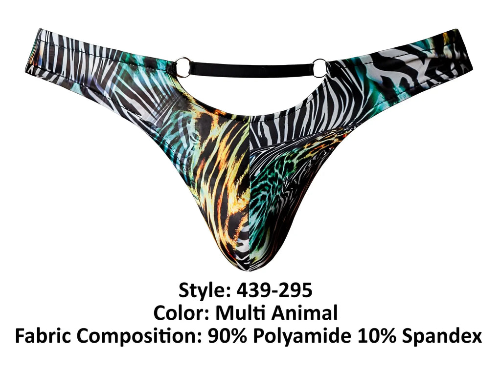 Male Power 439-295 go wild thong with bold zebra and leopard print and teal accents featuring two rings