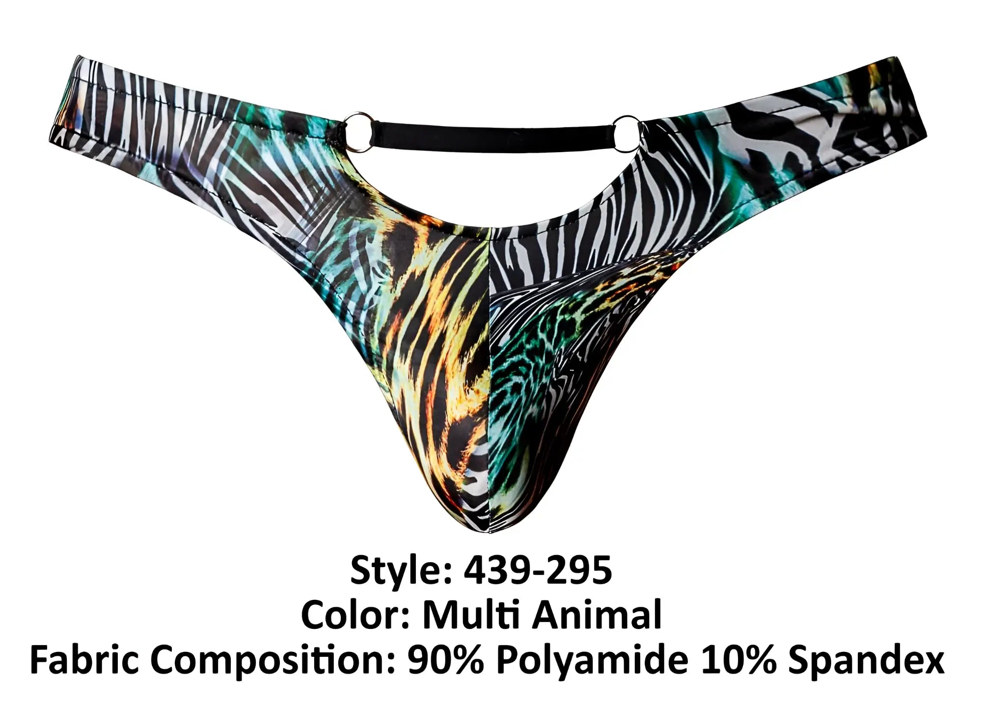 Male Power 439-295 go wild thong with bold zebra and leopard print and teal accents featuring two rings
