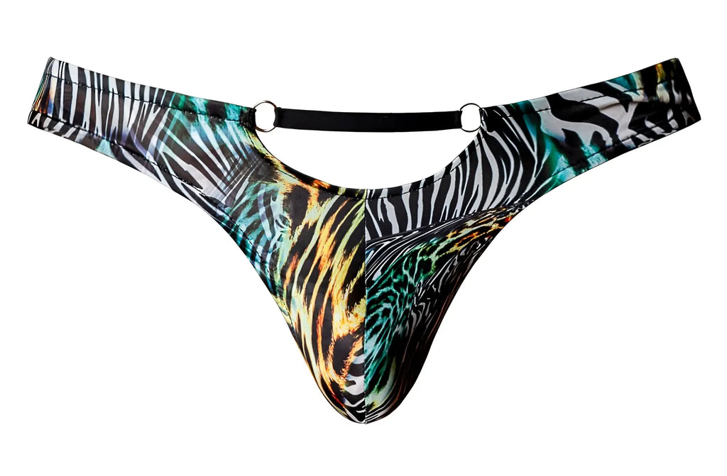 Male power 439-295 go wild thong with teal black gold animal print stretchy fabric and metal rings at waistband