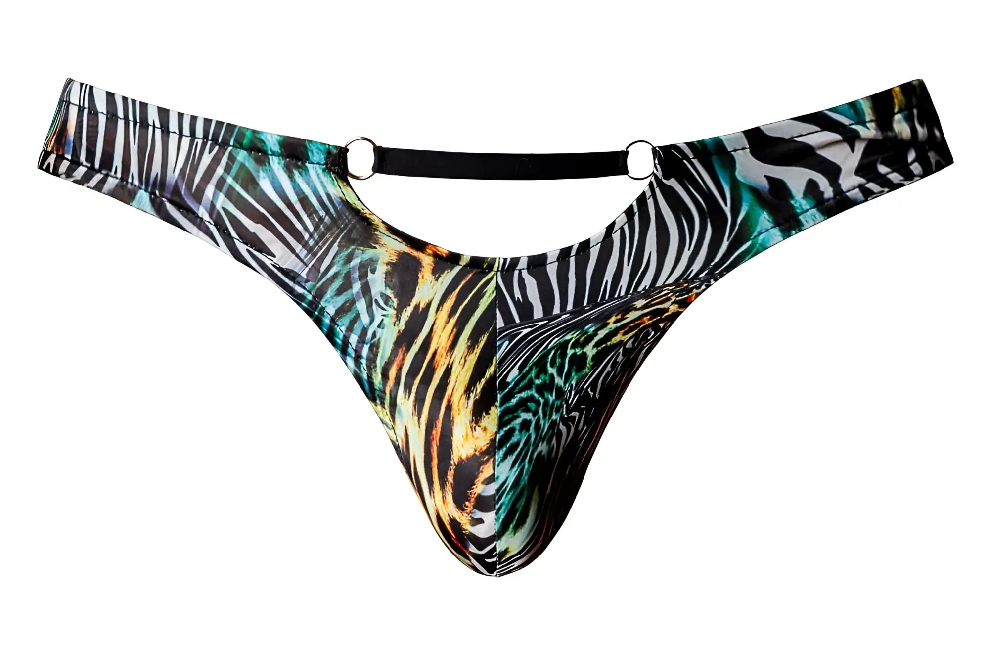 Male power 439-295 go wild thong with teal black gold animal print stretchy fabric and metal rings at waistband