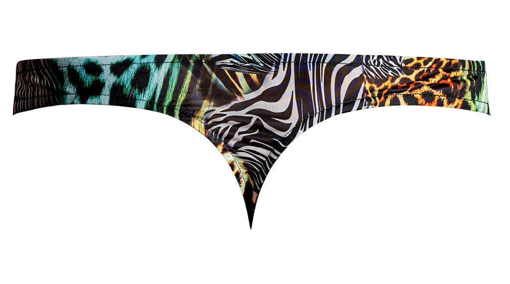 Male Power 439-295 Go Wild thong with 2 rings featuring a vibrant stretchy multi animal print in black white teal orange and brown