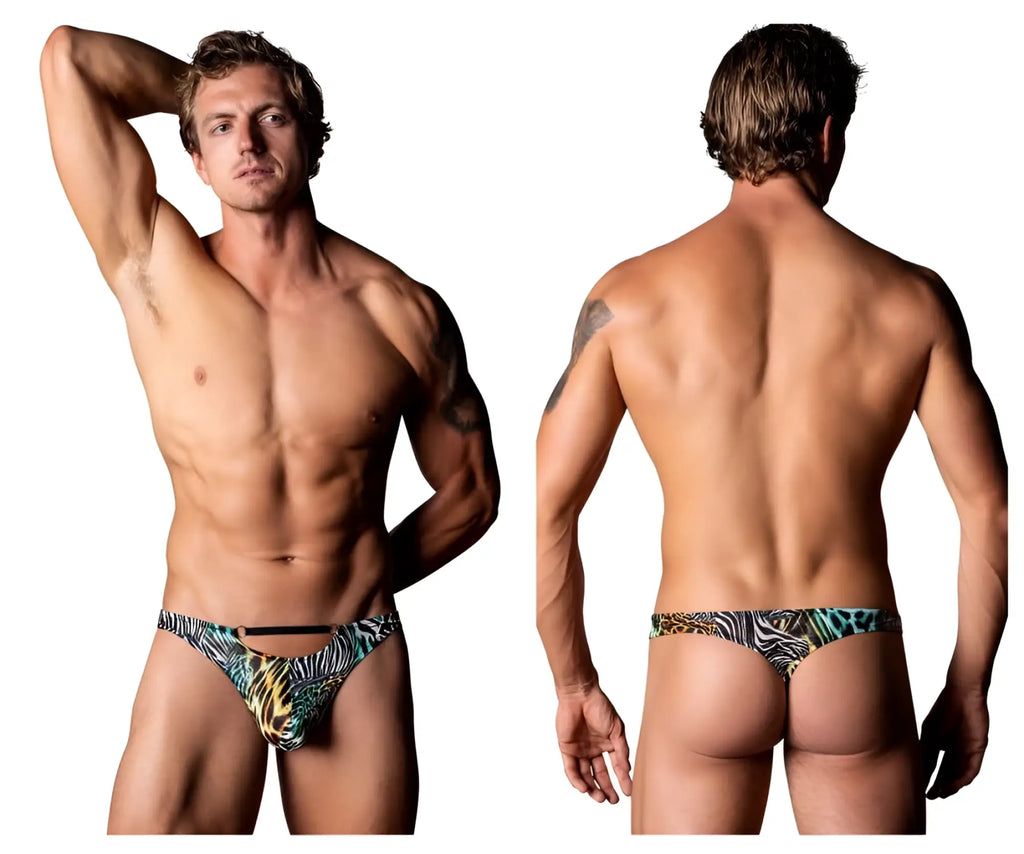 Male Power 439-295 Go Wild vibrant tropical-patterned men’s briefs with bold zebra and green leaf design in multi color