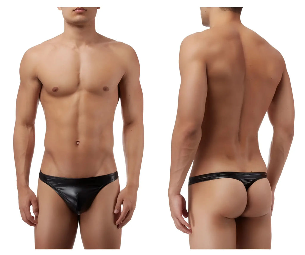 Male Power 440003 Liquid Onyx classic thong in black patent leather with sleek glossy finish shown from the back side