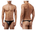 Male Power 440003 Liquid Onyx classic thong in black patent leather with sleek glossy finish shown from the back side