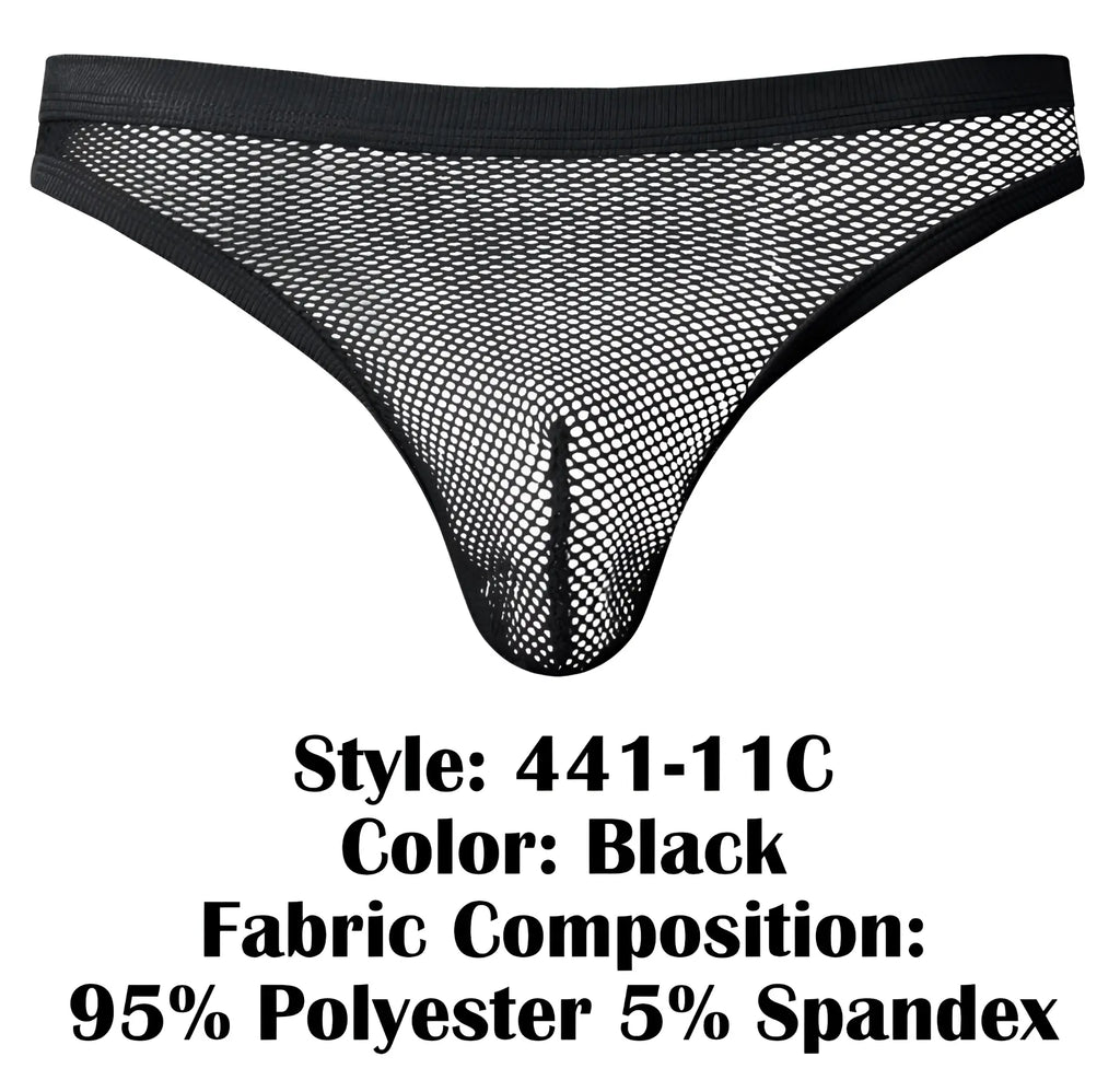 Male power 441-11c fishnet thong in black mesh with solid elastic waistband made of 95% polyester 5% spandex