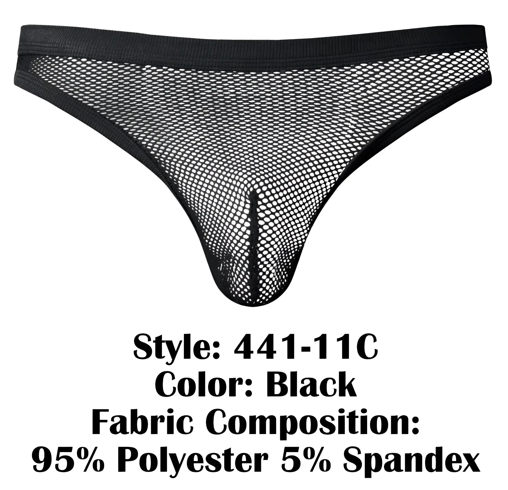 Male power 441-11c fishnet thong in black mesh with solid elastic waistband made of 95% polyester 5% spandex