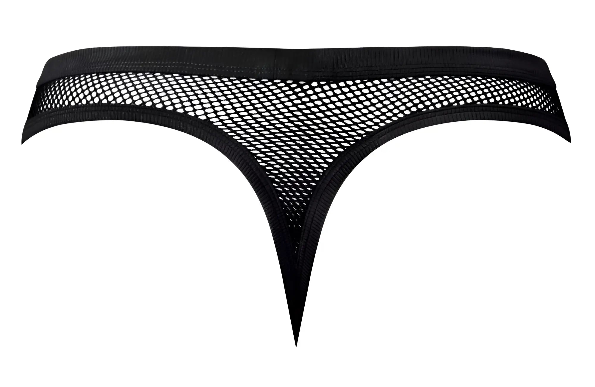 Black male power 441-11c fishnet thong with solid elastic waistband and pointed leg openings showing front view
