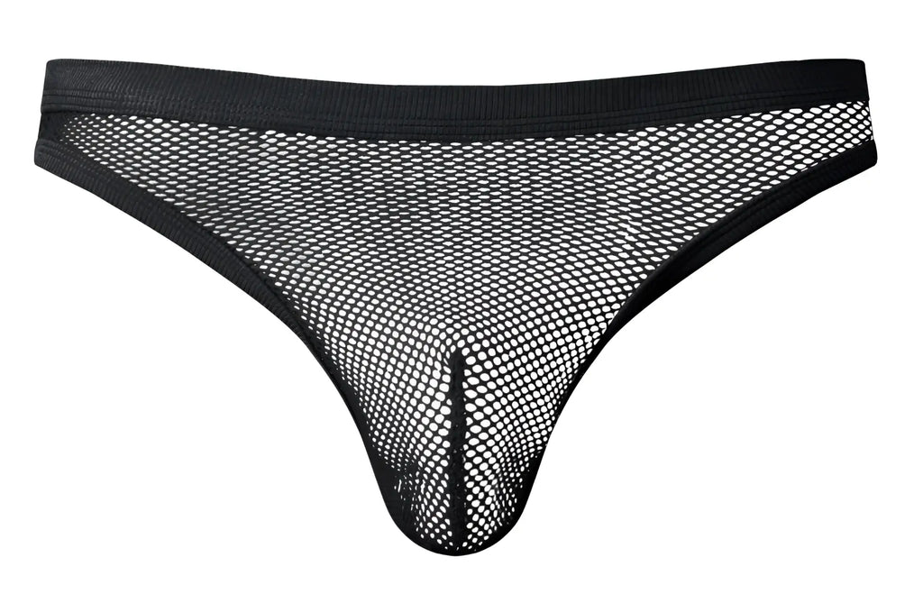 Male power 441-11c black fishnet thong with solid waistband and leg openings shown from the back side