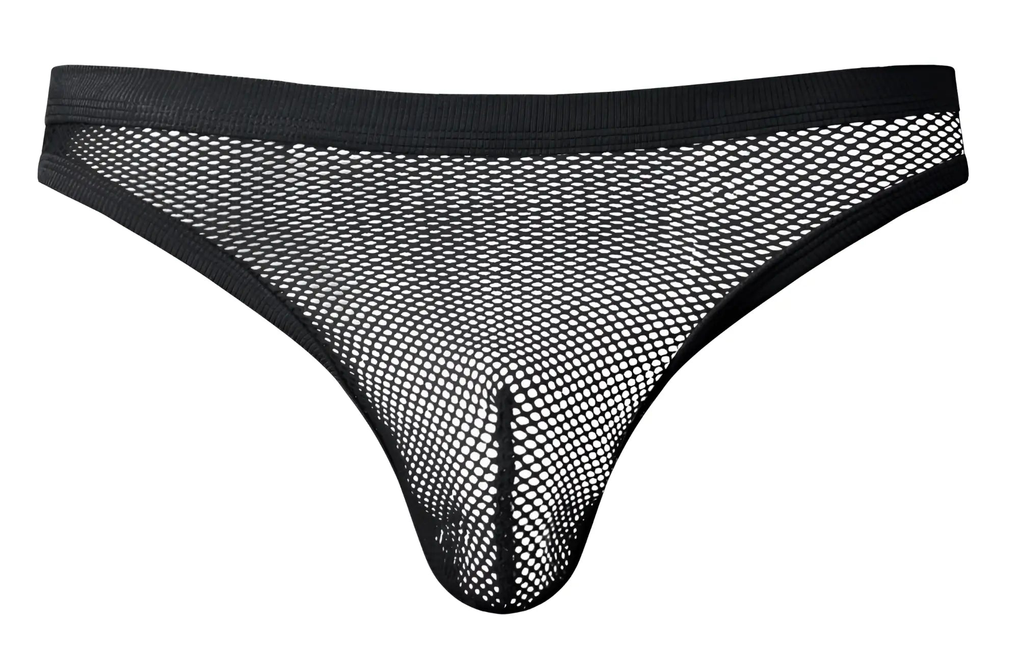 Male power 441-11c black fishnet thong with solid waistband and leg openings shown from the back side