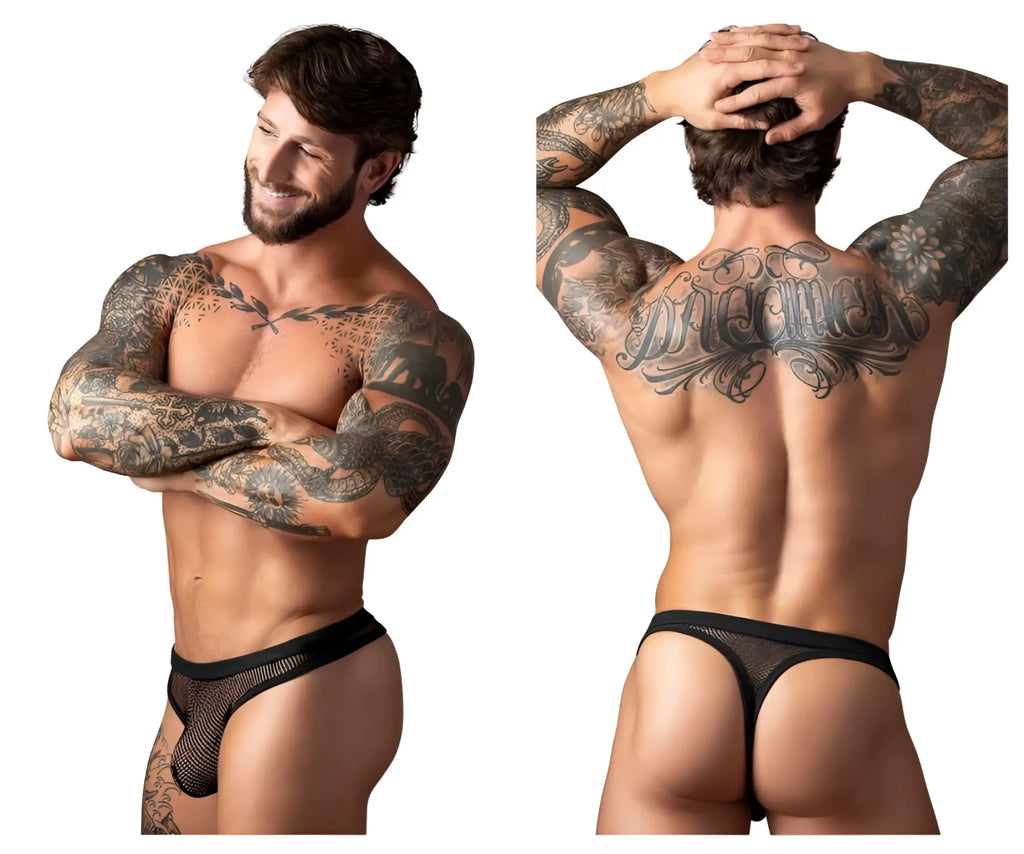 Black mesh thong with solid black waistband by Male Power fishnet 2 bong thong in black shown from the back side
