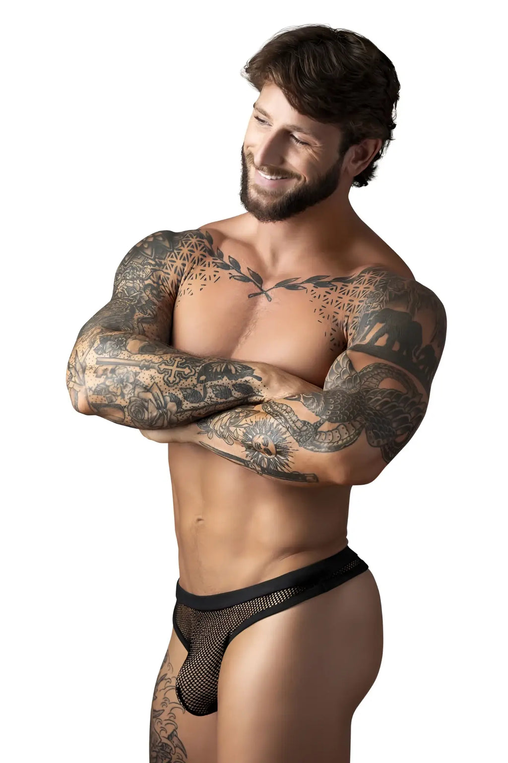 Black mesh thong with solid black waistband from male power 441-11c fishnet 2 bong thong back view